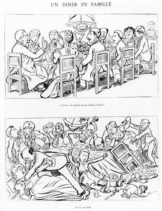 Karykatura rodzinnego obiadu przed i po rozmowie o aferze Dreyfusa, ok. 1894 r.